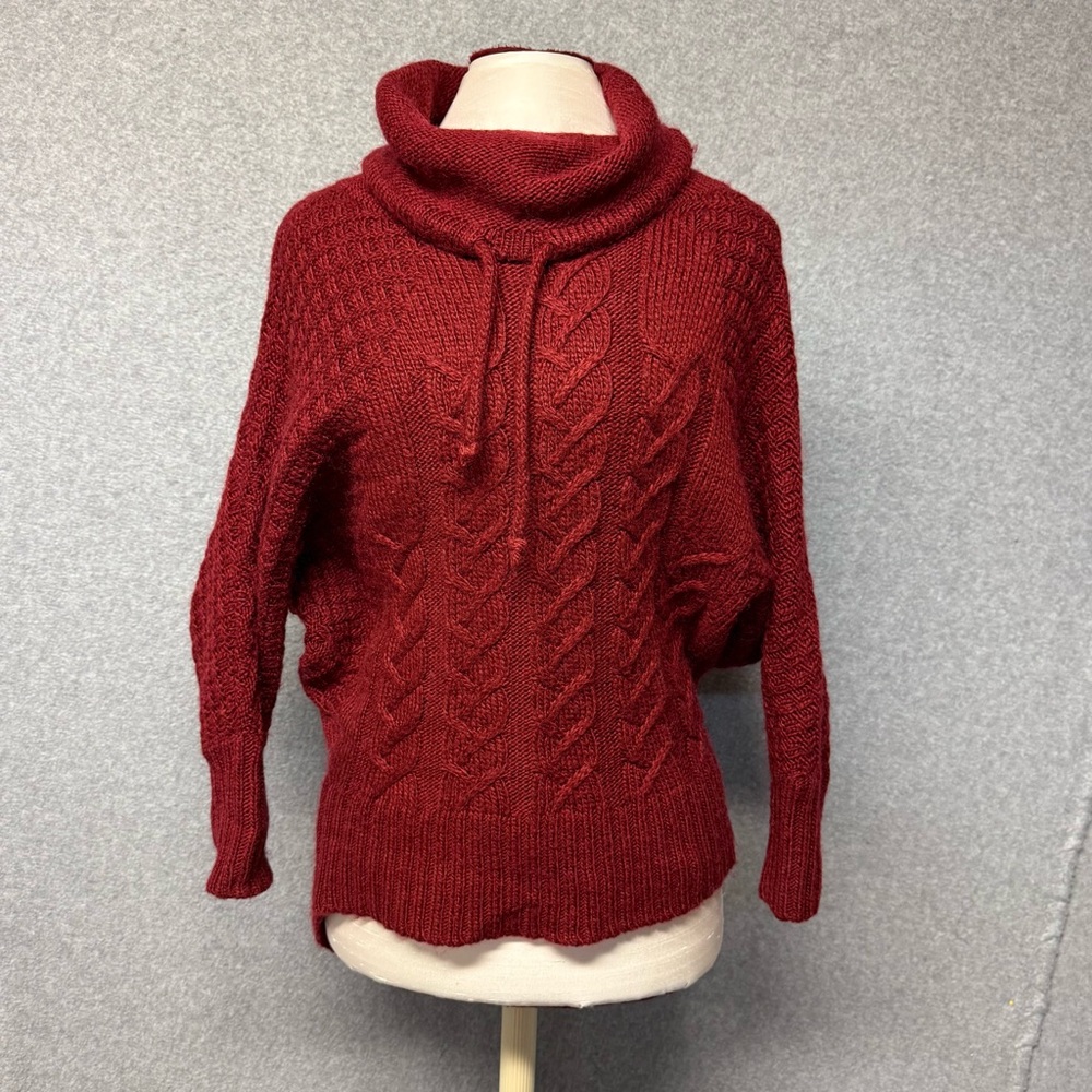 Ruby Moon Red Cowl Neck Sweater Cable Knit Size S Oversized Wool Blend Hi-Lo Hem